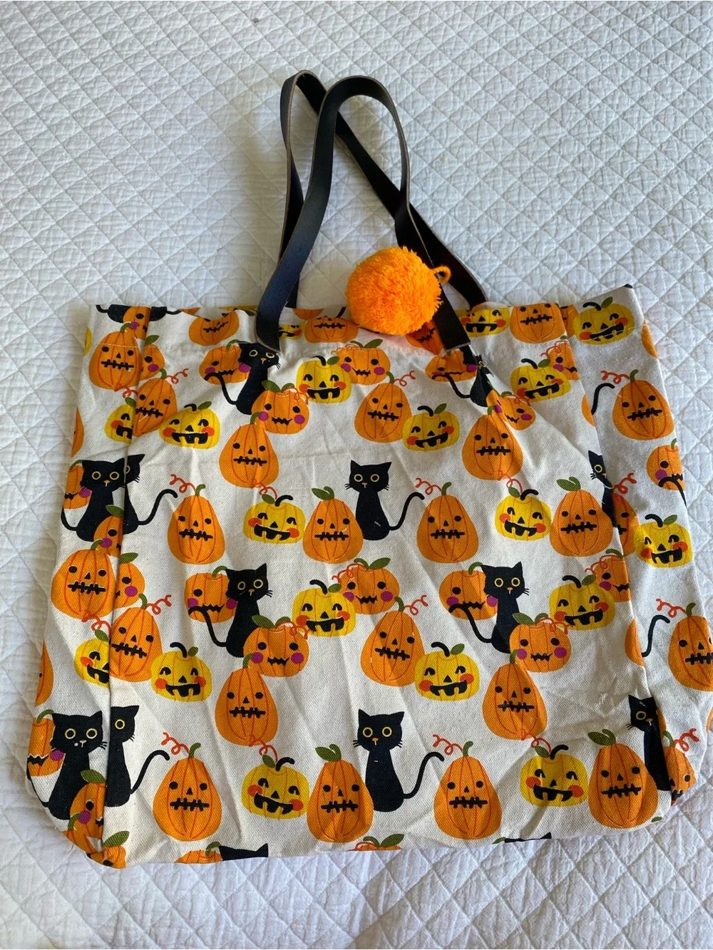 Eccolo Halloween Canvas Tote Bag Black Cat Jack O Lantern Pumpkin Pom Pom Kawaii